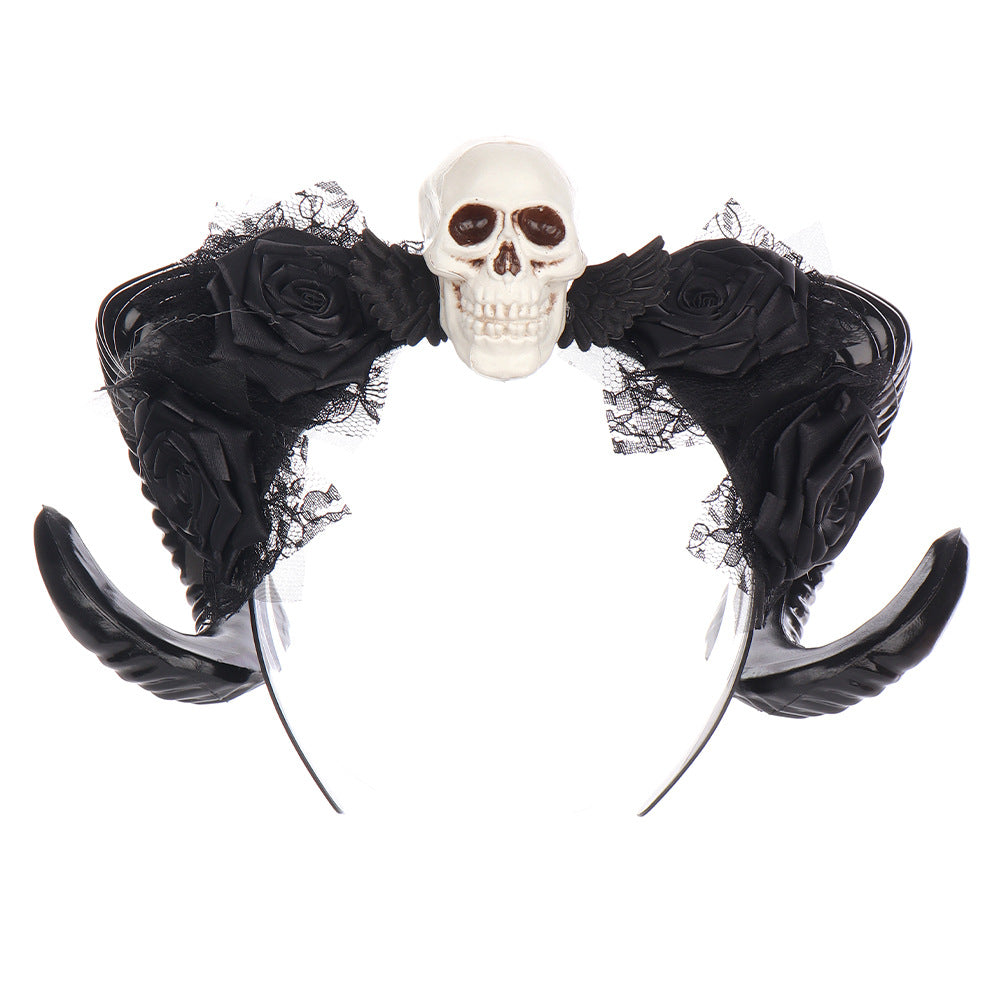 Halloween Dark Horn Headband Skull Devil Hair Accessory Red Rose Gothic Style Party Costume