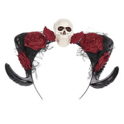 Halloween Dark Horn Headband Skull Devil Hair Accessory Red Rose Gothic Style Party Costume