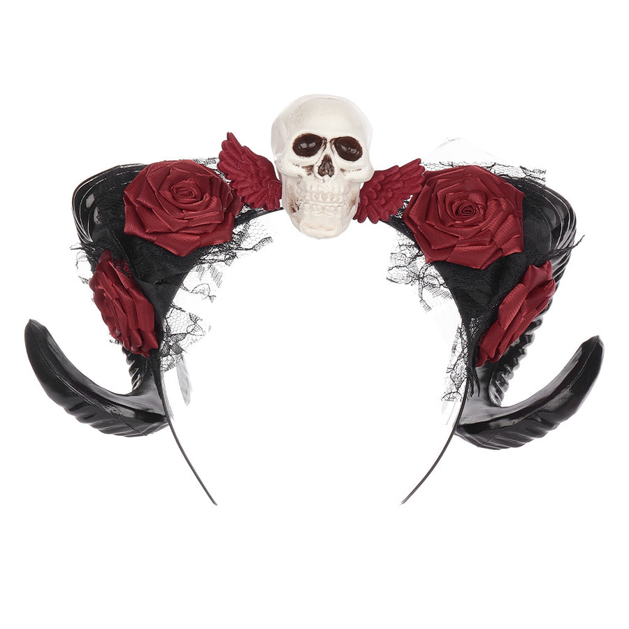 Halloween Dark Horn Headband Skull Devil Hair Accessory Red Rose Gothic Style Party Costume