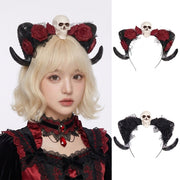Halloween Dark Horn Headband Skull Devil Hair Accessory Red Rose Gothic Style Party Costume