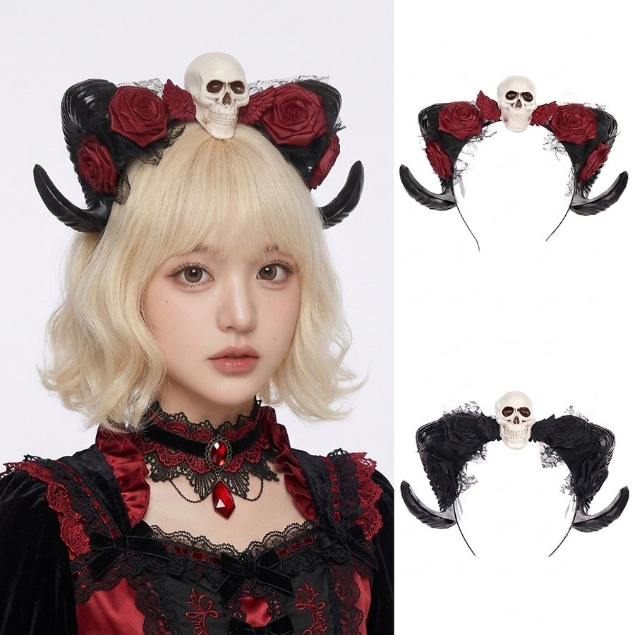 Halloween Dark Horn Headband Skull Devil Hair Accessory Red Rose Gothic Style Party Costume